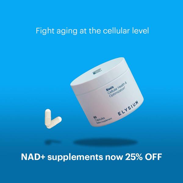 A clean, high-contrast 1:1 image featuring a product bottle and capsules against a vibrant blue gradient, highlighting a 25% discount.